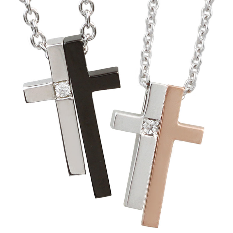 Wiht me. キュービックジルコニア付きプチクロスシルバーペアネックレス